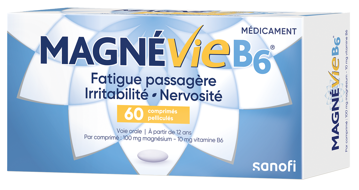 image MagnéVie B6® 100 mg / 10 mg, comprimé pelliculé Magnesium anhydre (Citrate) / Pyridoxine (Chlorhydrate) Boîte de 60 comprimés 